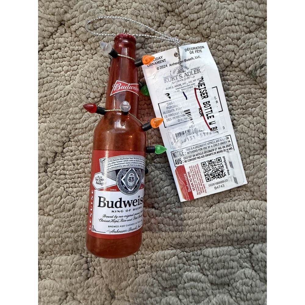 Kurt Adler Plastic Ornament for Christmas Tree, Budweiser Bottle with Lights
